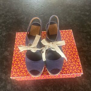 Tory Burch navy high wedge espadrille. Size 7